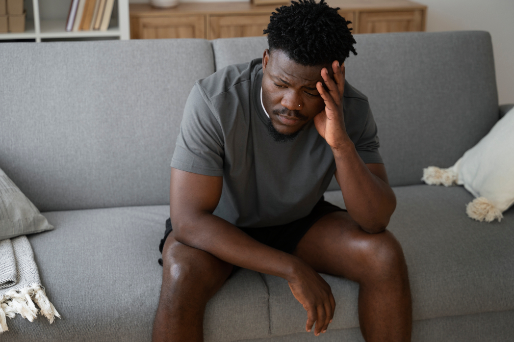 Headaches and Chronic Migraines, image of a man sitting on the edge of a gray couch with a look of pain across his face, holding the left side of his head with his left hand.