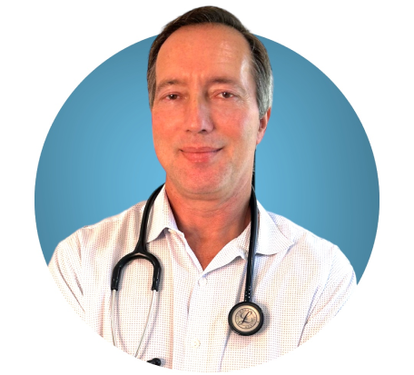 Image of Dr. Michael Rothman, wearing a white button down shirt and stethoscope around his neck, in front of a blue circle background.