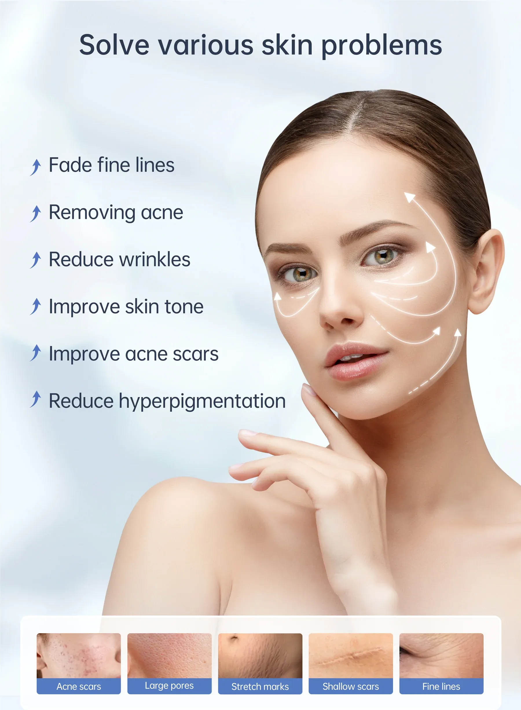 PDRN Therapy, image of a diagram of a woman’s face titled “Solve Various Skin Problems” with a list of benefits. At the bottom of the image is a row of different skin images.